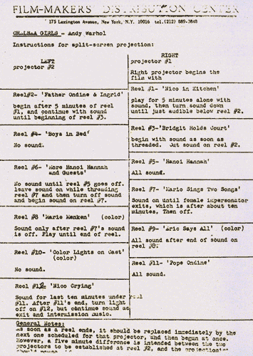 Chelsea Girls screening instructions
