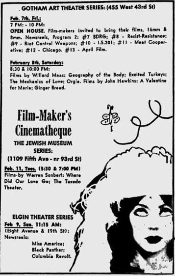 Film-makers' Cinematheque ad for Elgin and Gotham Art Theaters and the Jewish Museum in 1969