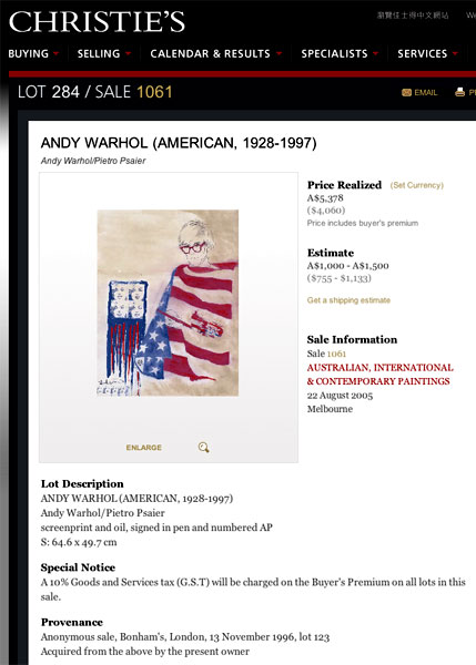 Andy Warhol and Pietro Psaier Christie's listing