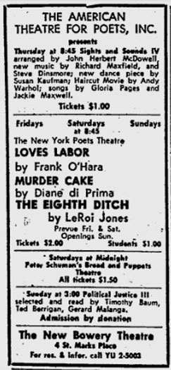ad for the American Theatre for Poets including Diane DiPrima