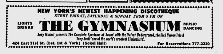 ad for The Gymnasium with Andy Warhol presenting The Velvet Underground