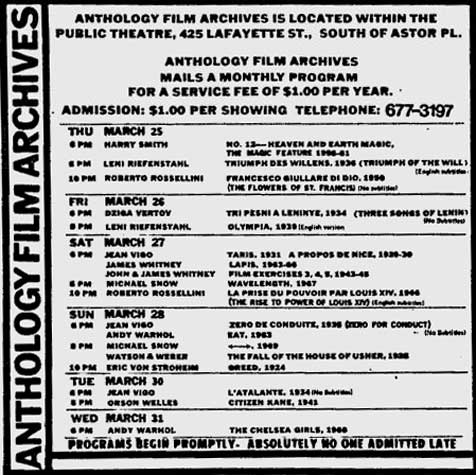 andy warhol films at the anthology film archives