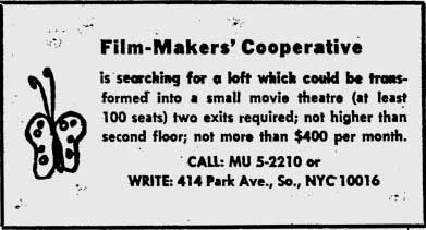 Film-Makers' Cooperative ad searching for a loft
