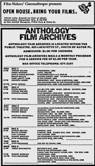 Ads for Film-Makers' Cinematheque and the Anthology Film Archives