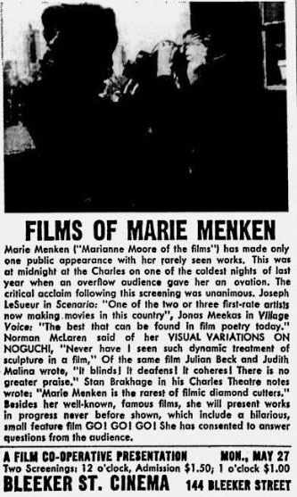 ad for Marie Menken films at Bleecker Street Cinema
