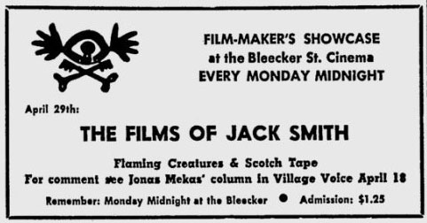 ad for premiere of Flaming Creatures by Jack Smith