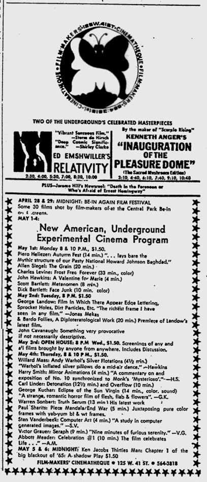 Filmmakers Cinematheque ad 27 April 1967
