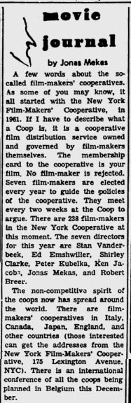 Jonas Mekas writes that Filmmakers' Co-op started in 1961