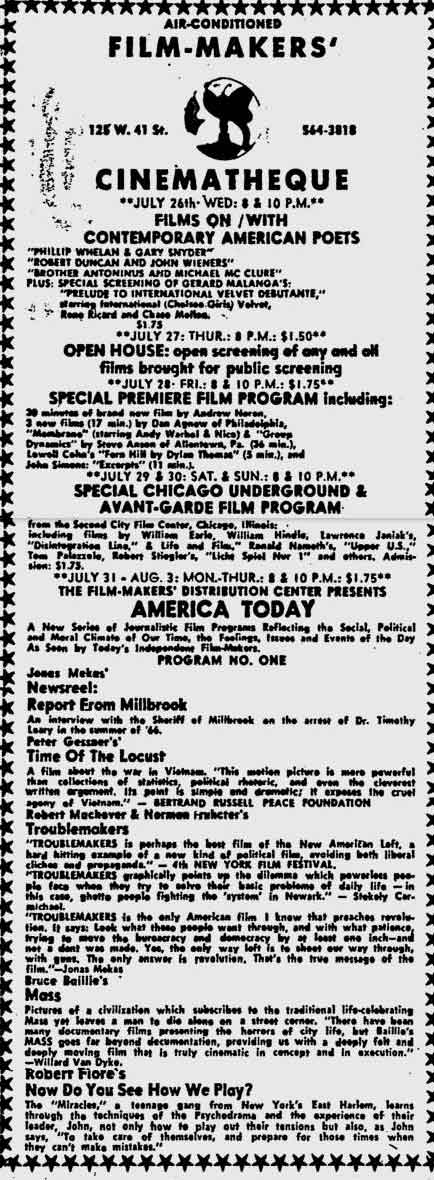 Ad for the Filmmakers Cinematheque in the Village Voice on 27 July 1967