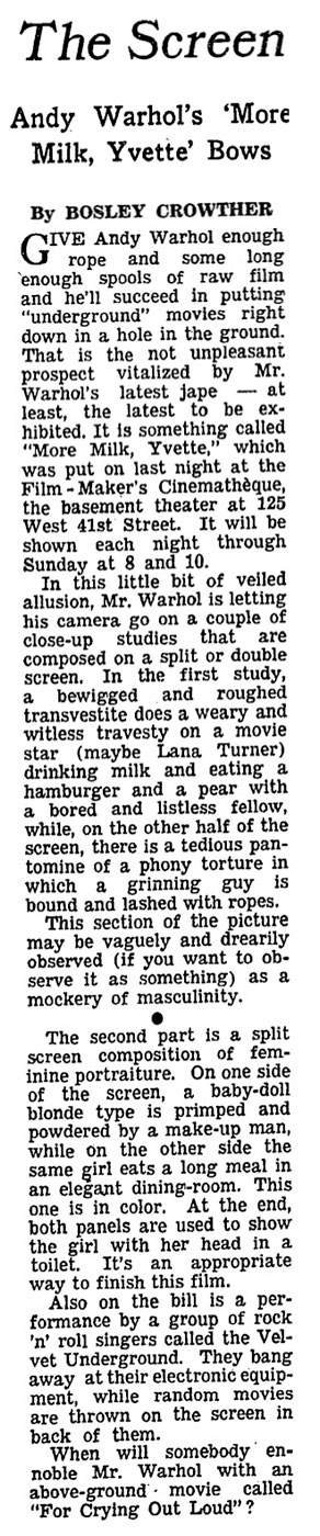 Review of Andy Warhol's film More Milk Yvette