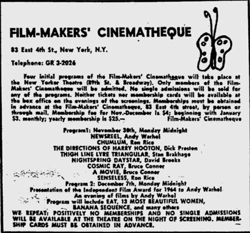 Andy Warhol's Most Beautiful Boys at the Filmmakers' Cinematheque ad