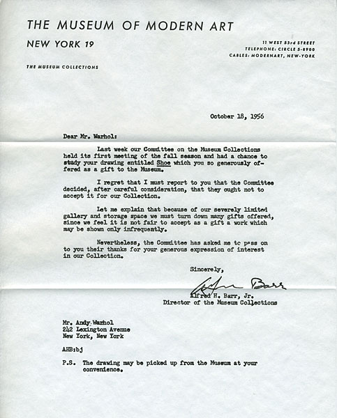 MoMA rejection letter - Andy Warhol