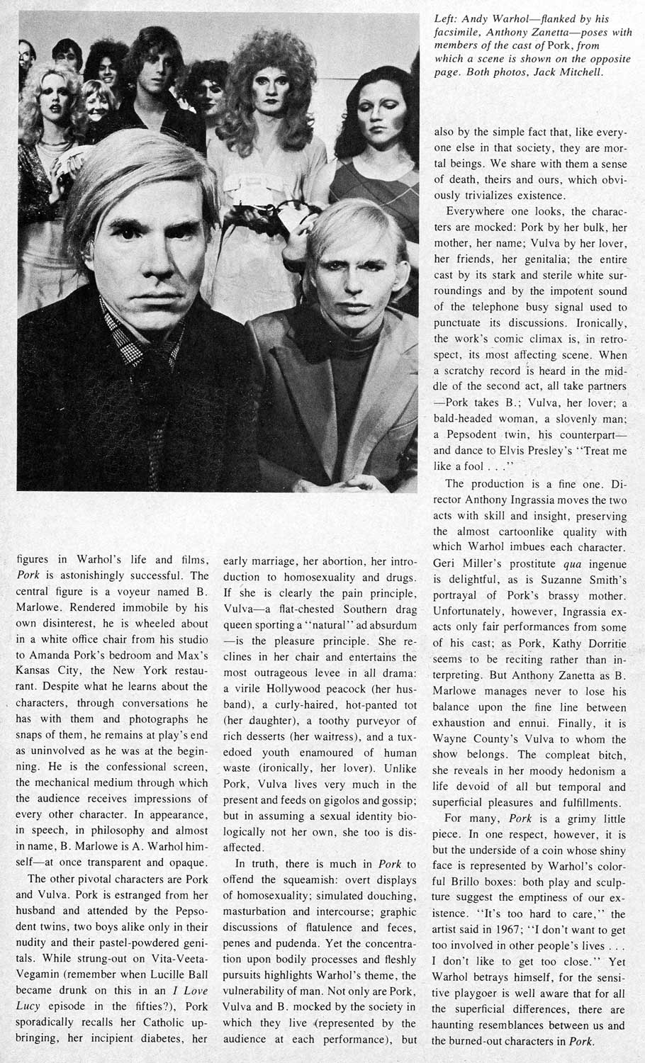 Review of Warhol's Pork in Art in America