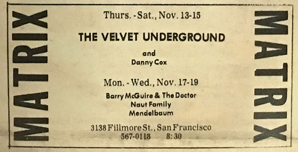 Ad for The Velvet Underground at the Matrix